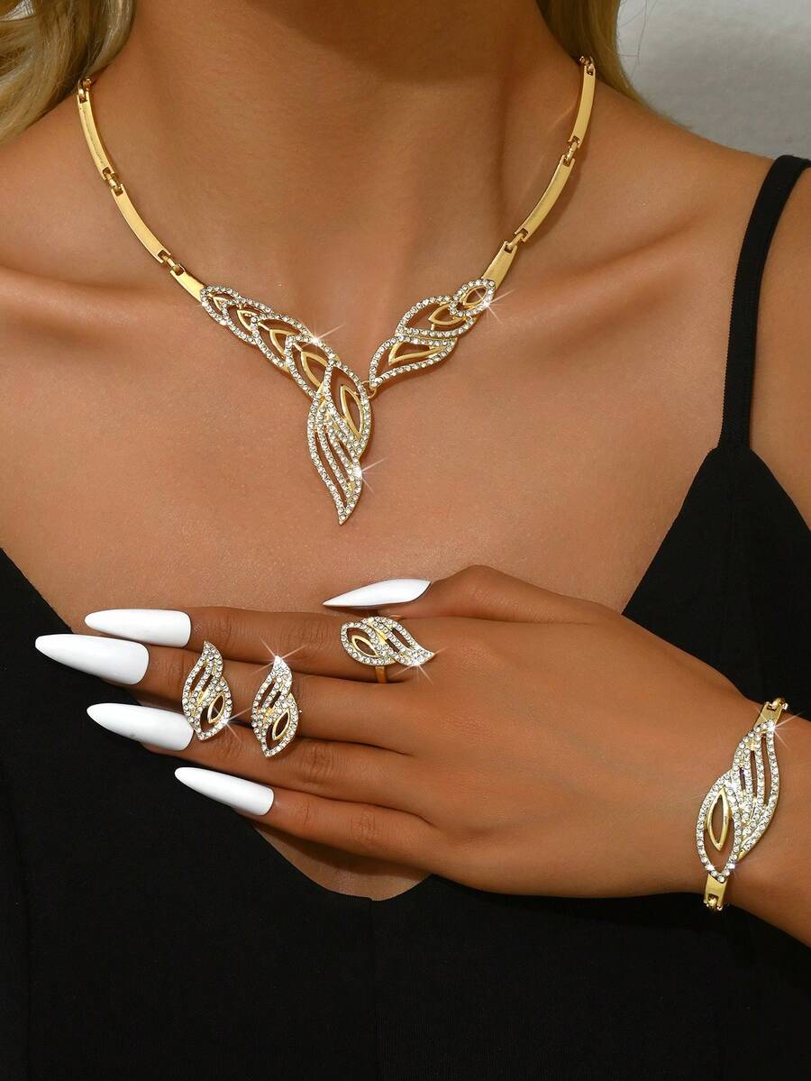5pcs/Set Leaf Shaped Bridal Women's Fashion Shiny Crystal Jewelry Set, Elegant Jewelry Set, Suitable For High-End Evening Gowns, Weddings - Golden HB021 - View 1