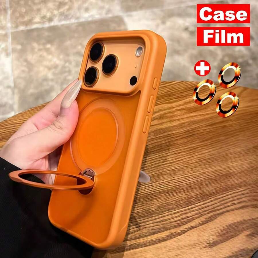 1PC Orange Luxury Matte Semi Transparent Metal Magnetic Rotating Bracket With Lens Film Compatible With Wireless Charging, Skin Friendly Touch, Shockproof Back Cover, Matte Invisible Ring Holder, Ring Holder, High-End Phone Case Compatible With IPhone 17 Pro Max,17e,16E,16,15 PM,14 Plus,13,12,11 Also Compatible With Samsung Galaxy S26Ultra/S26Plus/S26/S25Ultra/S25Plus/S25/S24Ultra/S24Plus/S24