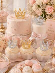 1/2/3pcs Mini Metal Crown Cake Toppers, Gold & Silver Princess Crown Cupcake Toppers For Birthday, Wedding, Bridal Shower & Royal Theme Party - Multicolor - View 7