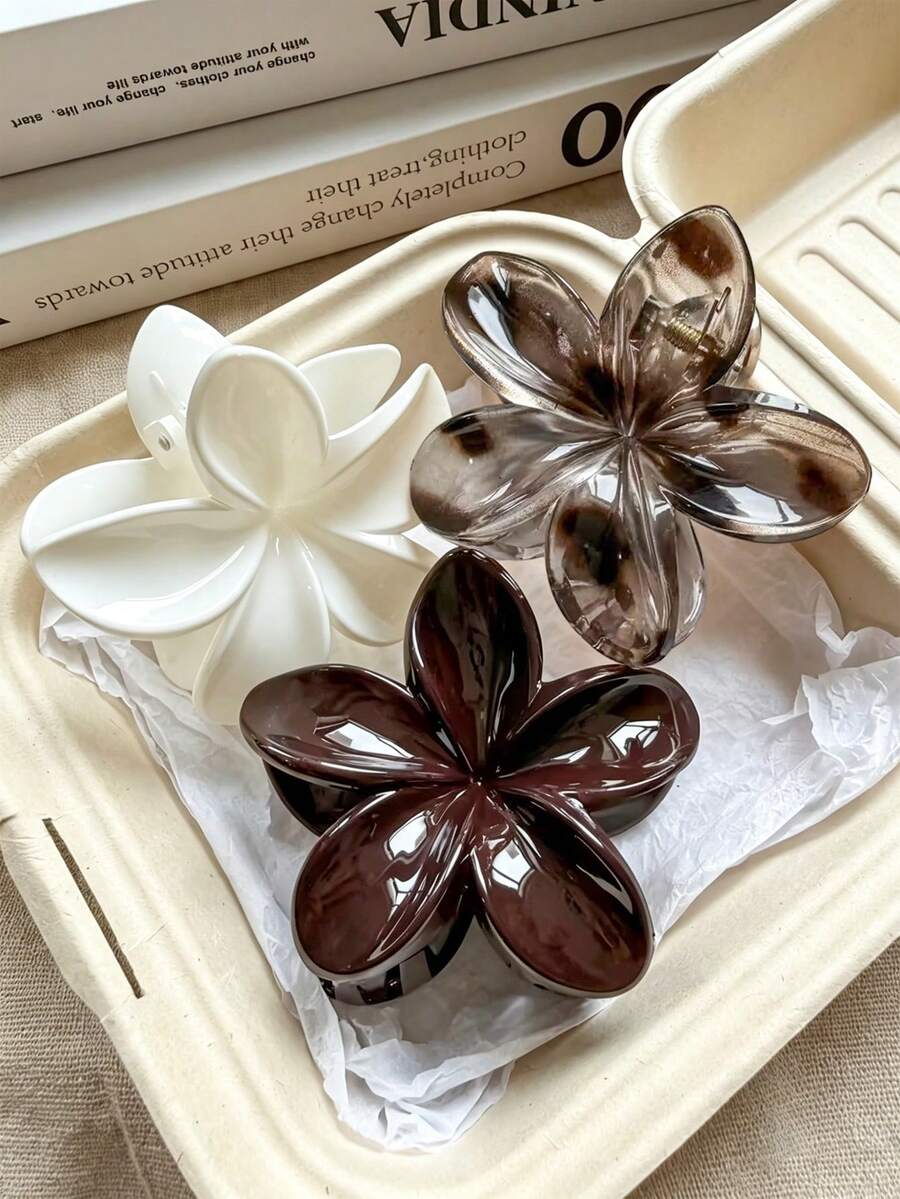 3pcs/1pc Women's 8cm/3.15in Brown White Tortoiseshell Flower Shape Fairy Cute Large Lightweight Plastic Hair Claw Clip Fashion Versatile Premium Elegant Elegant Minimalist Style Solid Color Hair Accessory Suitable For Daily Wear, Casual, Party, Commute, Vacation, Hair Styling, Ponytail, Updo, Face Washing, Bathing, Makeup, Outfit Matching, Hair Ornament, Headpiece, Hair Accessory - Multicolor - View 1
