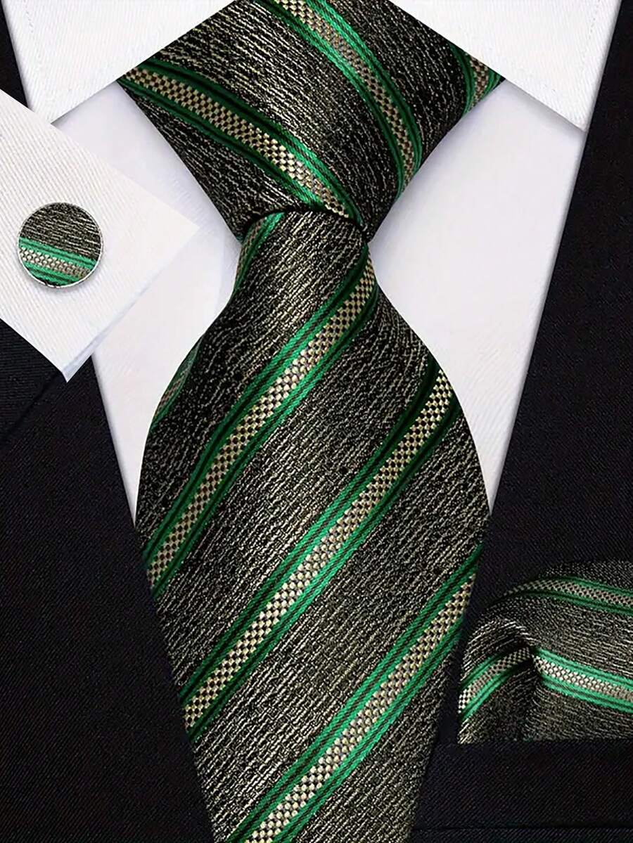 Men Tie Sets Classic Fashion Necktie Set With Cufflink For Business Party - Green - View 1