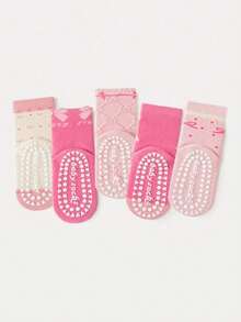 5 Pairs Kids Floor Socks Pink Bow Pattern Dotted Grip Soft Sole Indoor Anti-Slip Mid-Calf Socks For Baby Boys And Girls Japanese Cartoon Versatile - Multicolor - View 3