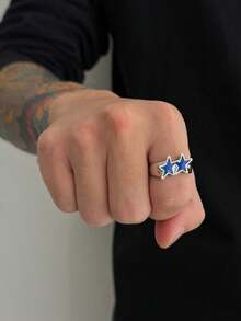 1pc Y2K Style Double Star Enamel Open Ring, Silver Base With Colorful Stars, Adjustable Size, Punk Hip-Hop Style Statement Ring, Unisex - Oil-drip Five-pointed Star Open Ring - View 7