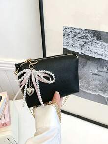 Black PU Chain Crossbody Bag With Sweet Pearl Bow Heart Charm, Versatile Small Shoulder Bag For Girls - A - View 1
