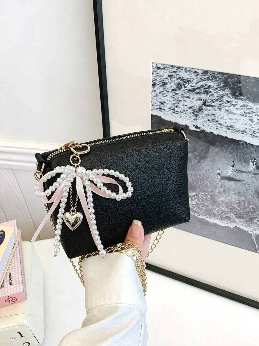 Black PU Chain Crossbody Bag With Sweet Pearl Bow Heart Charm, Versatile Small Shoulder Bag For Girls - A - View 1
