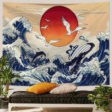 1pc Seagull Wave Sun Bohemian Style Printed Tapestry, Includes 3 Wall Nails And 2 Clips, Printed Rectangular Bedroom Wall Decor Hanging Cloth With Drape - Multicolor - View 5
