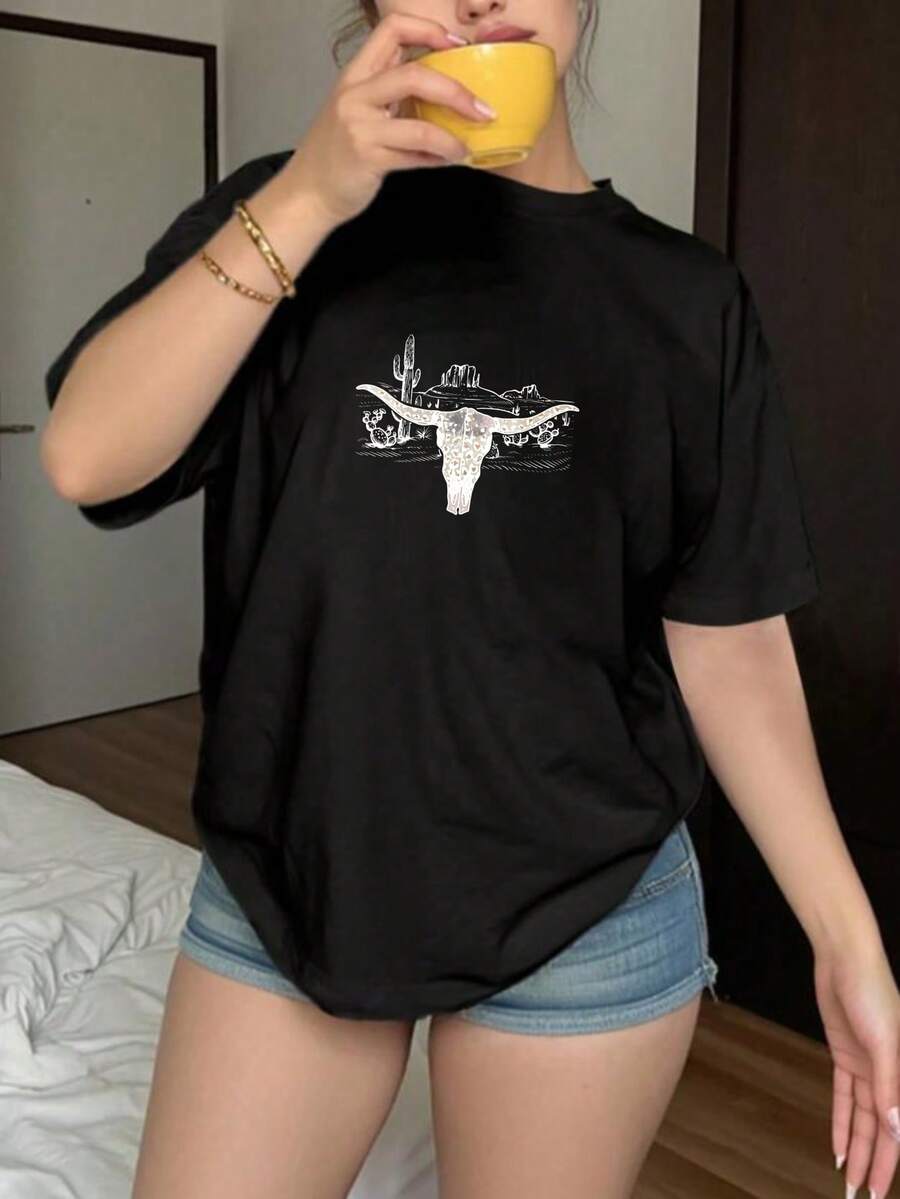 Women's Short-Sleeved T-Shirt, Available In Various Colors, Loose Fit - Black - View 1