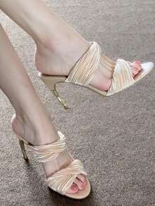 weiweiting Women's Pleated Ribbon Open Toe High Heel Sandals 2026 Summer New Sexy Stiletto Heel Slippers For Wedding Party - Apricot - View 13