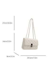 時尚素色絎縫方形鏈條肩背包，百搭翻蓋宴會晚宴包，新款輕量手提包 & 錢包，日常通勤斜背包 - 白色 - 查看 9