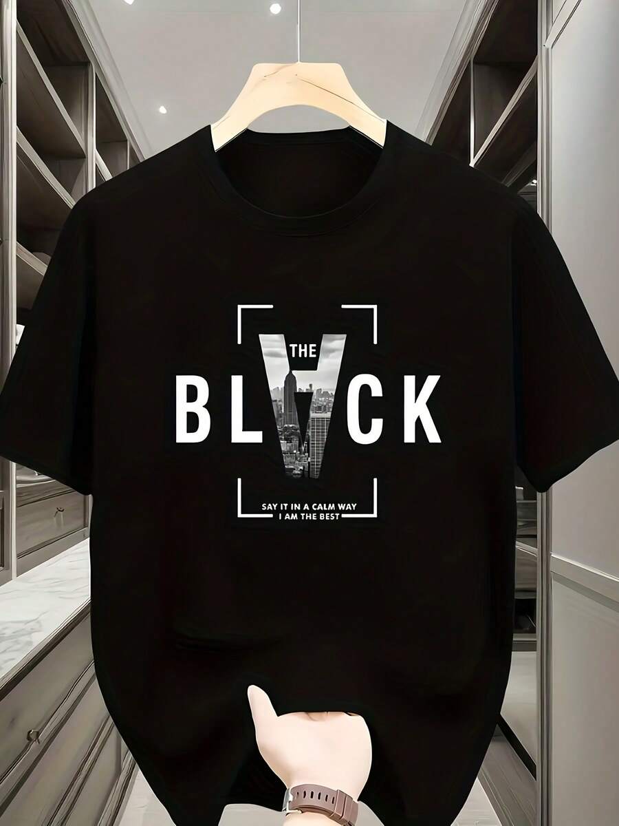 casual, con un diseño único de letras invertidas de estilo parisino, lavable a máquina, cuello redondo, adecuada para fiestas de verano, tela transpirable, estilo urbano, material duradero. - Negro - Ver 1