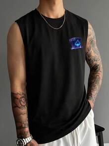 Tank Top Minimalis Leher Bulat Motif Poker Warna-warni Kasual untuk Pria - Hitam - View 2