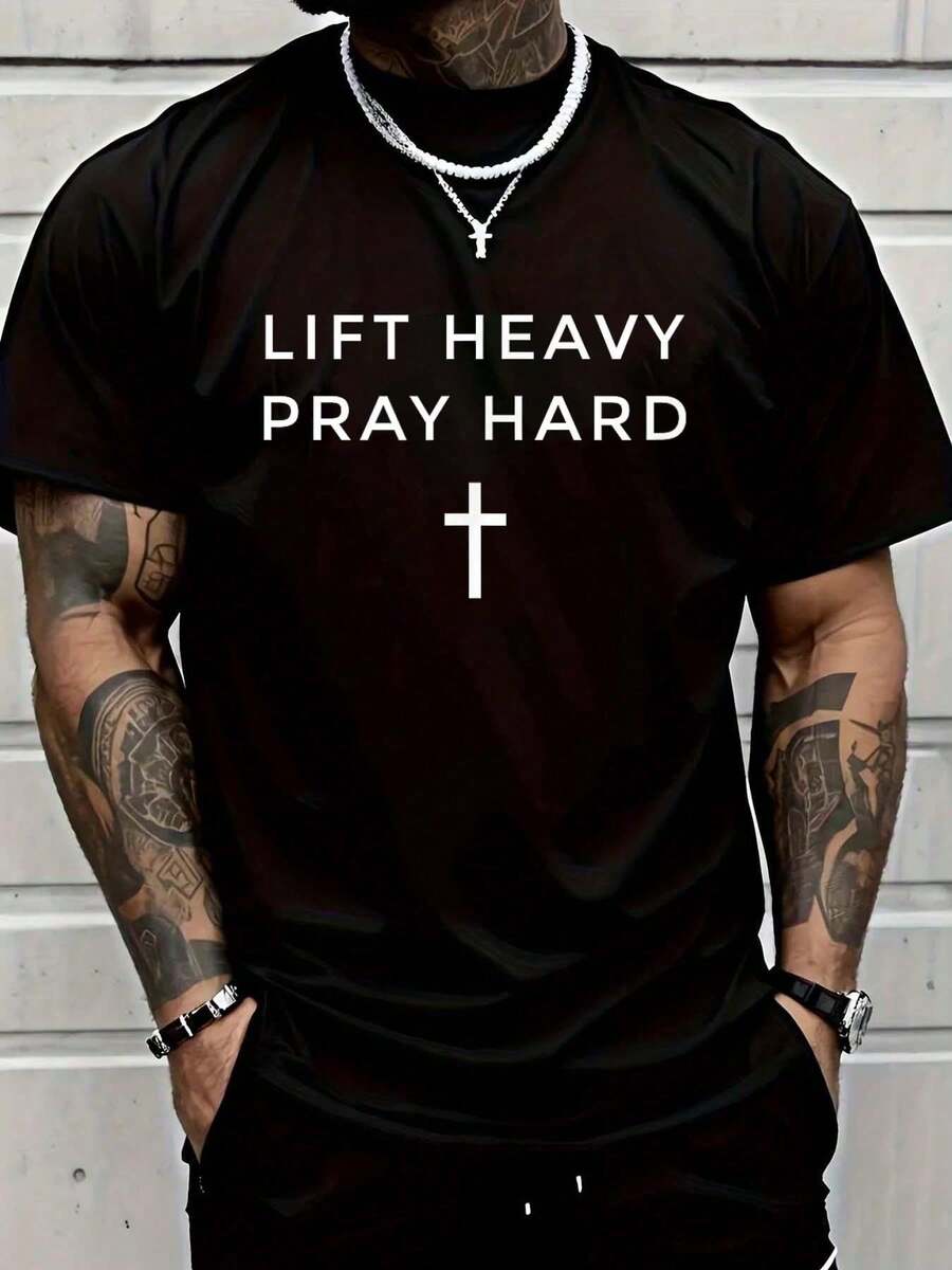 100% Cotton T-Shirt For Weightlifting, Gym, Christian Faith, For Men And Women, Fashion Print T-Shirt, Graphic T-Shirt For Men And Women - 紅色和黑色 - 查看 1