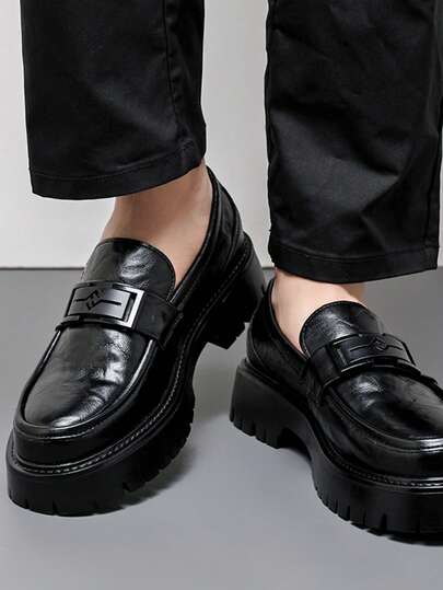 Men's British Casual Business Formal Slip-On Loafers, Thick Sole Height Increasing Shoes, Korean Retro Style Barber Leather Shoes, Fashion Nightclub Footwear