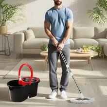 Microfiber Spin Mop And Bucket With Wringer Set Bathroom Mop Bucket 360° Spinning Mop Bucket System With 3 Microfiber Mop Replacement Heads And 61" Stainless Steel Adjustable Handle For Floor Cleaning Bucket Floor Cleaning - A - 查看 3