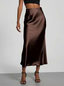 Fashionable Stretchy Textured Satin Maxi Skirt For Women - Spring Red - Dark Brown - View 1