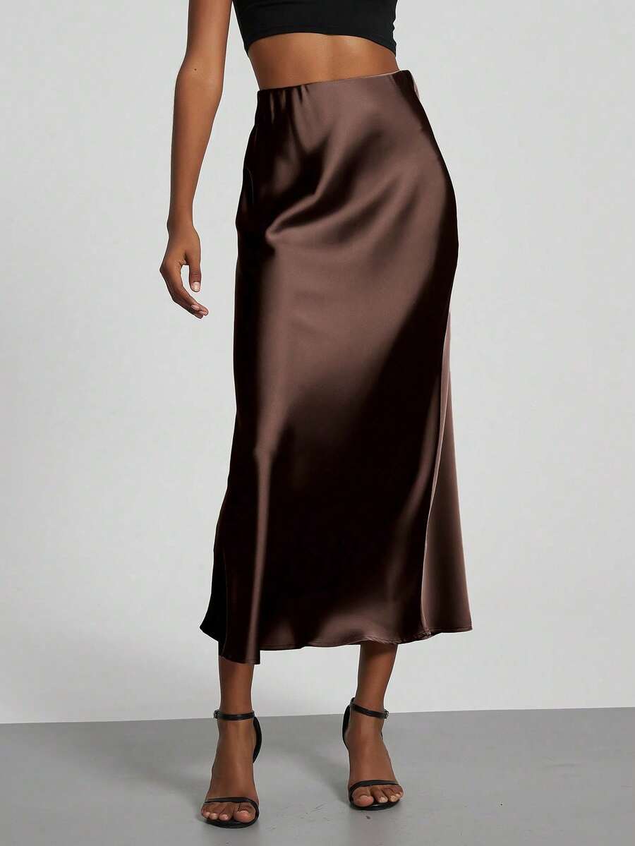 Fashionable Stretchy Textured Satin Maxi Skirt For Women - Spring Red - Dark Brown - View 1