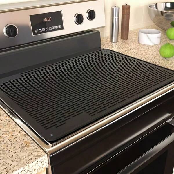 28*20 Inch Thick Black Silicone Stove Top Cover Mat, Heat Resistant Non-Slip Waterproof Glass Induction Cooktop Protector, Multi-Purpose Kitchen Mat For Dish Drying, RV Range, Countertop, Coffee Bar, Pet Feeding And Under Sink Storage
