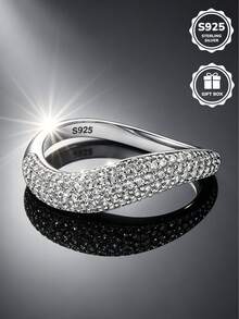 1pc S925 Sterling Silver Inlaid Synthetic Zirconia Sparkling Ring, Daily Wear Valentine's Day Gift Essential, Comes With Gift Box. - Silver - View 6