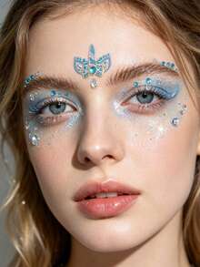 1pc Blue Unicorn Flower Face Rhinestone Sticker, Teardrop Colorful Rhinestone + Flower Style, Waterproof Long-Lasting Brow Center Sticker, Music Festival Party / Sweet Cool Hot Girl Makeup Accent - Multicolor - View 9