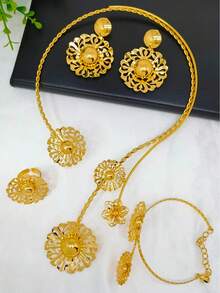1 Necklace, 1 Bracelet, 1 Pair Of Earrings, 1 Ring, Fashion Women's Gold-Plated Vintage Hollow Floral Jewelry Set, 4pcs, Suitable For Saudi Arabia, Middle East, Dubai, Europe, America, Africa, Bride, Wedding, Banquet, Date, Dress Accessories, Mother's Day, Valentine's Day, Birthday, Wedding Season, Daily Wear, Gift For Mom, Sister, Girlfriend - Yellow Gold - View 2