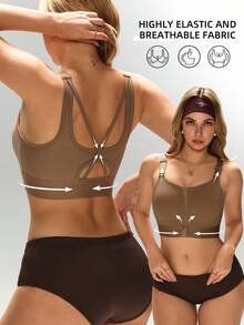 1pc Women's Sports Bra, Back Support & Bust Lift, Anti-Sagging, Front Zipper, Beautiful Back, Yoga Sports Casual Wear Tank Top - Khaki - View 1