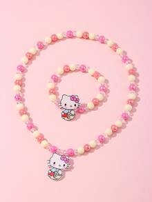 2件組 Sanrio 可愛小貓吊飾串珠手鍊、手鐲、項鍊套組，適合假期派對、學校，女孩生日禮物 - 彩色 - 查看 8