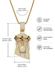 Bling Colorful Four-Leaf Clover Jesus Head Copper Zirconia Pendant Necklace, European And American Rapper Same Style Twisted Chain Necklace, Personalized Accessory For Men - Four-leaf Clover Jesus Pendant Necklace - View 9