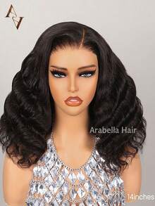 ARABELLA 女款日常穿戴 100% 真人髮 6x6 T-Part 前蕾絲波波假髮，大波浪捲髮，自然黑，中分透明蕾絲，預剪免膠水穿戴，150% 密度，14-16 英吋，預漂色髮結 - SNatural - 查看 4