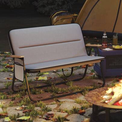  COSTWAY Double Camping Chair, 2-Person Folding Loveseat With Detachable Cushion, Side Pocket, Armrests, Portable Heavy Duty Lawn Chair For Outside, Support 300 KG, Grey