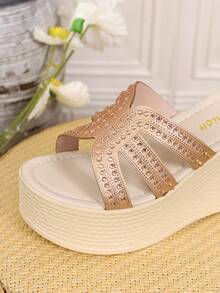 Plus Size High Heel Sandals Slip-On Thin Strap Wedge Heel Rhinestone Fashion Versatile Thick Sole Sandals - Rose Gold - View 6