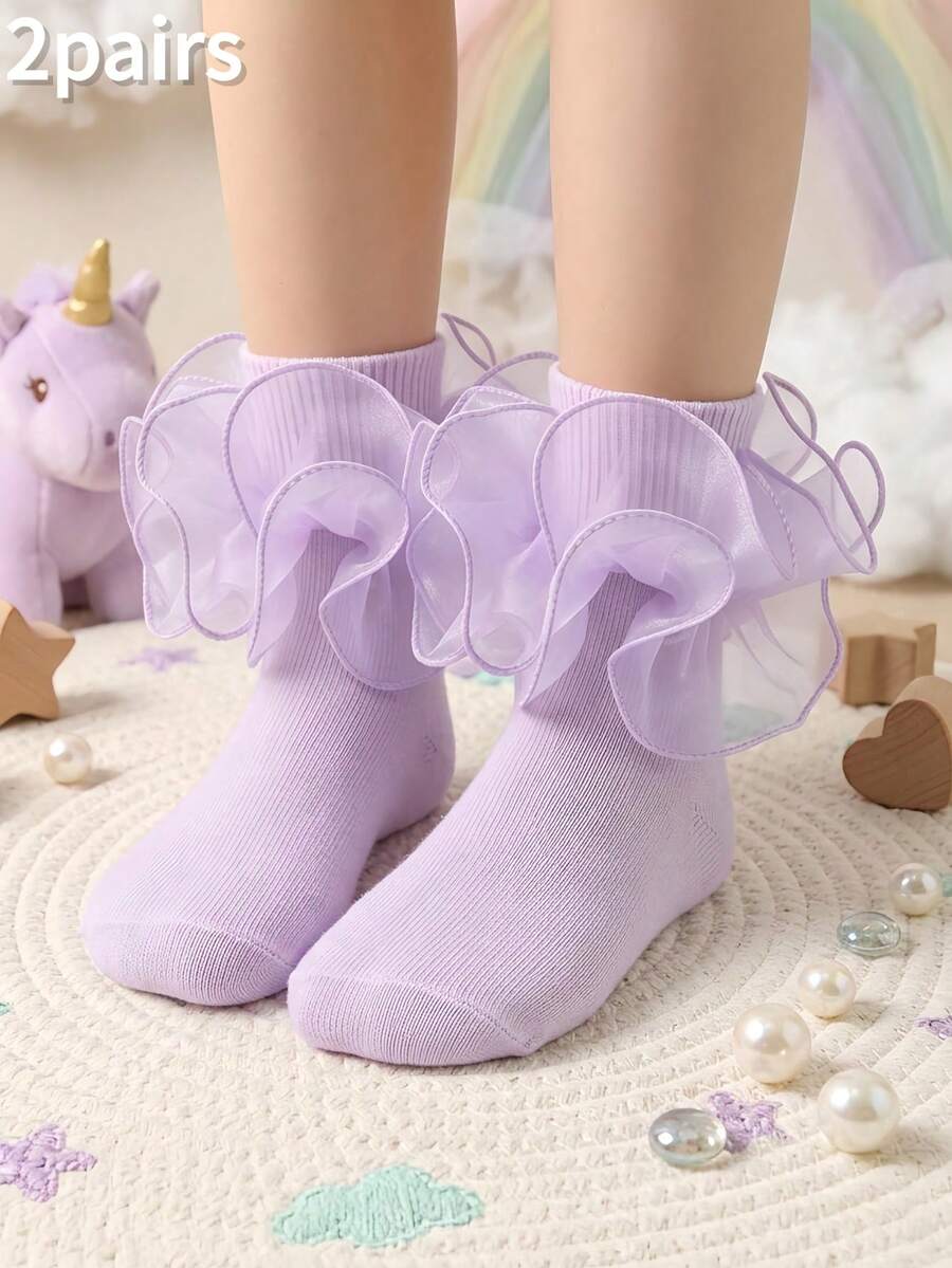2 Pairs Of Girls' Socks With Ruffled Floral Lace Trim, Breathable And Comfortable, Princess Style Baby Socks, Perfect Back-To-School Gift For Girls