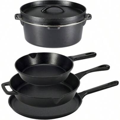 Juego de utensilios de cocina de hierro fundido presazonado, 5 piezas, ollas y sartenes