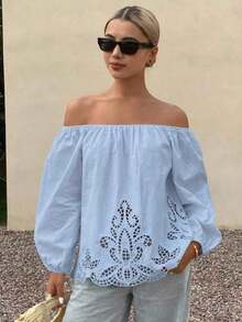 Blusa holgada de mujer con hombros descubiertos, manga larga, bordado hueco, casual y de vacaciones, verano estilo bohemio - Celeste - Ver 1