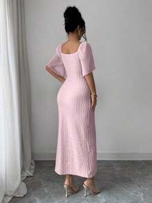 yonghongmaoyi1  Vestido elegante ajustado con cuello de volantes, mangas de pétalos y hebilla metálica de bloque de color para mujer, primaver - Verde - Ver 3