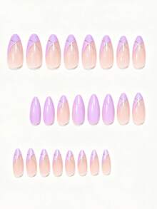 Show Your Beauty 24入杏仁形假指甲 經典優雅玫瑰薰衣草亮面金條法式珍珠光澤 提亮膚色 時尚百搭 適合約會派對 春夏秋冬 女士女孩日常穿戴 可拆卸式 附果凍膠與指甲銼條 易穿戴持久 果凍膠隨機發貨 - 彩色 - 查看 3