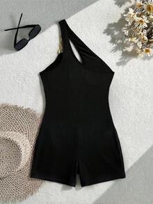 Sexy Fashion Versatile One Shoulder Hollow Out Ribbed Jumpsuit With Metal Decor, New Arrival Spring/Summer Black - Black - View 6
