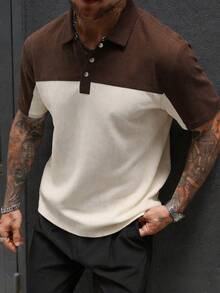 Plus Size Men's Retro Color Block Corduroy Collar Polo Shirt, Half Button Casual Comfortable Short Sleeve Top - Apricot - View 1