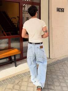 男士修身罗纹T恤，修身无袖T恤，纯白针织上衣，弹力简约打底衫 - 白色 - 查看 5