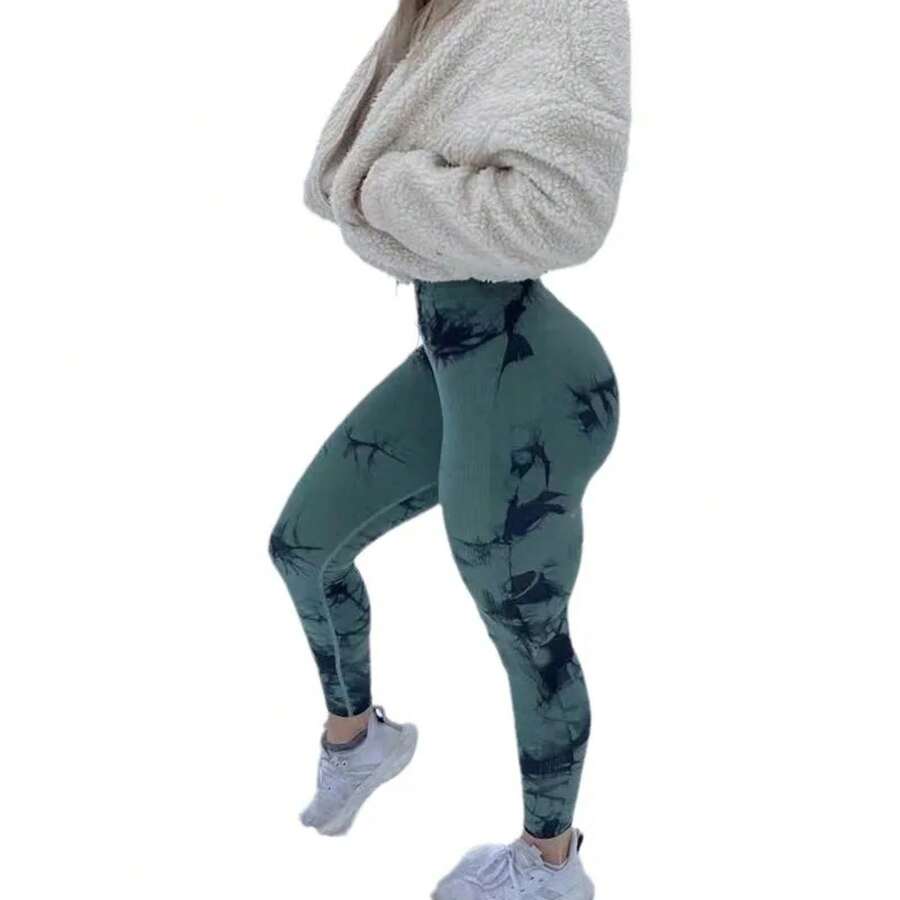 Women's High Waist Peach Butt Seamless Tie-Dye Stretch Fitness Yoga Pants - 深綠色 - 查看 1