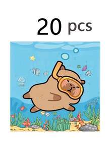 50pcs Cute Cartoon Summer Blue Swimming Capybara Dolphin Theme Party Supplies Set - Cute Plate & Paper Cup Napkins, Birthday Party Supplies, Baby Baptism, Festival Party Supplies, Friends' Party And Theme Celebration Party Decoration Essential Items - A - View 3