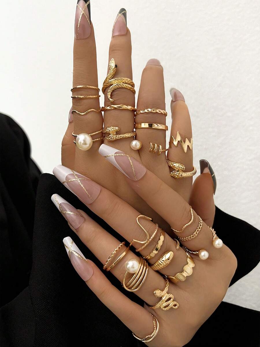 23PCS Vintage Gold Multi-Piece Stackable Ring Set, Snake Faux Pearl Wave Geometric Chain Layered Mixed Rings For Women - Gold - View 1