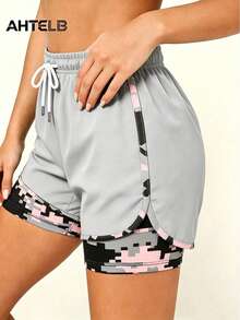 AHTELB Women's Summer 2-In-1 Sports Shorts, Built-In Convenient Phone Pocket Design, Elastic Quick-Dry Breathable Fabric, Slim Fit Tight Cut, Functional Yoga Leggings, Perfect For Jogging, Gym Training, Fitness Workout And Daily Activewear, Gift For Wife, Female Friend, Friend, Wife, Customer, Mother, Shorts For Women, Black Shorts, Gym Wear Women - Light Grey - View 1