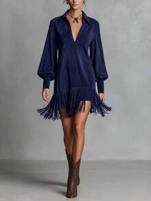 Women's Short Suede Shirt Dress With Lapel Collar, Puff Sleeves And Fringe At The Hem, Various Shades Of Navy And Brown, Western Cowboy Style For Autumn Country Outings. - 藏青色 - 查看 5