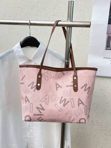 1件裝粉色夏季新款金屬鉚釘裝飾大容量字母拼接PU托特包女款單肩包 - 粉色 - 查看 2
