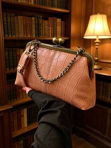 Vintage Chain Decor Shoulder Crossbody Bag Solid Color Handbag Women's Evening Bag Suitable For Work, Travel, Dating, Shopping - Pink - View 1