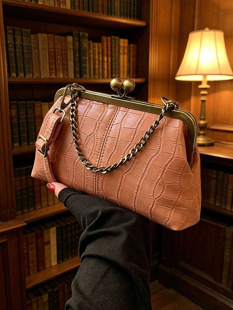 Vintage Chain Decor Shoulder Crossbody Bag Solid Color Handbag Women's Evening Bag Suitable For Work, Travel, Dating, Shopping - Pink - View 1