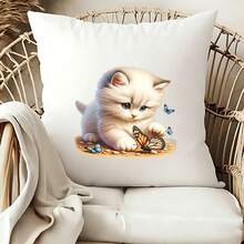 1/2/3pcs Cute Milky White Kitten Heat Transfer Iron-On Patch, Playing With Butterfly Adorable Pet Cat DIY Heat Transfer Sticker, Suitable For Clothing, T-Shirt Making, Pillow Decoration, Apparel Items And Applique - Multicolor - View 6