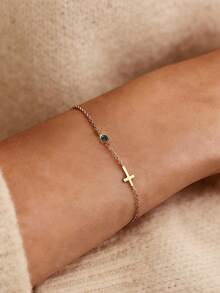1pc Personalized Name Cross Bracelet With Birthstone, Delicate Gold Cross Bracelet, Mother's Day Gift, Customized Name Bracelet, Easter Gift, Personalized Gift, Customized Gift, Gift For Loved Ones, Gift For Partners, Personalized Birthday Flower, Anniversary Gift - Multicolor - View 6