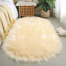 1pc Faux Wool Carpet Rug, Thick Fluffy Long Carpet, Suitable For Bedroom, Living Room, Bedside, Sofa Matching, Washable, Daily Home Decor - Yellow - Oval - View 2