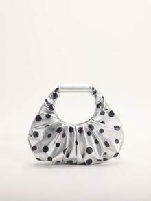 SCULPTEDSTYLE BAGS 1件裝黑白配色圓點印花雲朵包，時尚褶皺設計，極簡拼接優雅女款手提包，適合日常通勤、購物、約會、下午茶 - 銀色 - 查看 3